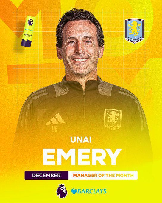 开云APP-官方：埃梅里当选英超12月最佳主帅，当月联赛6胜1负